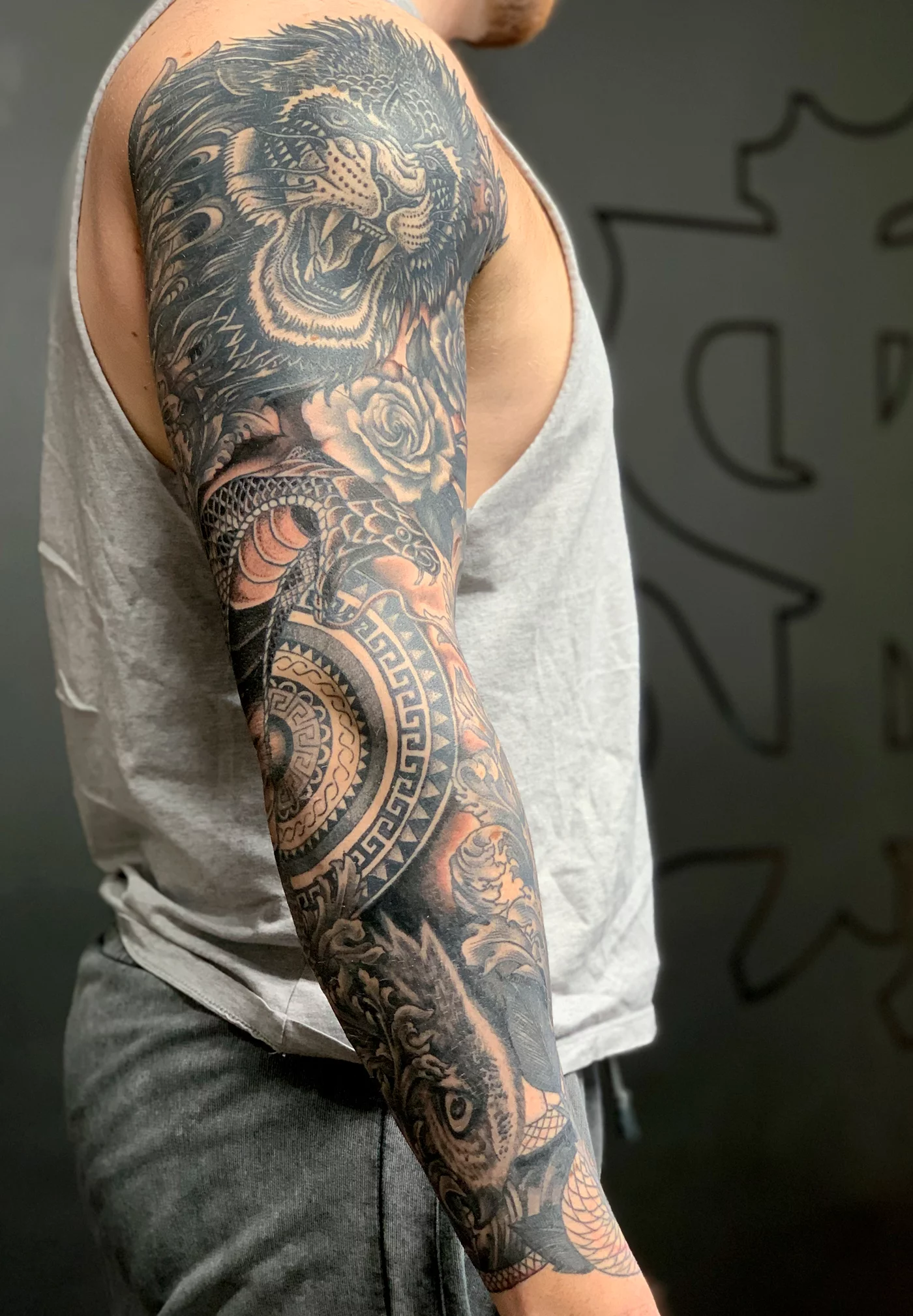 Black  Grey Flowers Japanese Koi Sleeve Tattoo  Koi tattoo sleeve Sleeve  tattoos Japanese tattoo